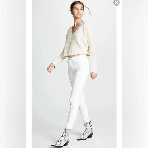 Free People Cotton Women's Ivory V-neck Popcorn pullover size S oversized - Picture 2 of 7